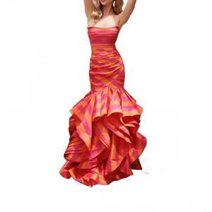 NEW AVA PRESLEY striped ruffle mermaid prom dress in orange pink